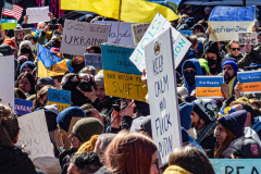 Ukranian supporters came together again  in Times Square, to speak in protest on their opposition of the Russian attack on Ukraine.
People from around the world took to the foghorns to speak their minds against the attack and to reinforce their solidarity together in support.
Times Square, Midtown, Manhattan, New York. Saturday, February 26, 2022. (C) Bianca Otero