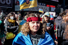 Ukranian supporters came together again  in Times Square, to speak in protest on their opposition of the Russian attack on Ukraine.
People from around the world took to the foghorns to speak their minds against the attack and to reinforce their solidarity together in support.
Times Square, Midtown, Manhattan, New York. Saturday, February 26, 2022. (C) Bianca Otero