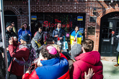 Ukranian and LGBTQ supporters came together in front of the Stonewall Inn, to speak in protest on their opposition of the Russian attack on Ukraine. 38 Christopher street is home of the 1969 Stonewall Uprising, which paved the way for LGBTQ rights and pushed the movement into existence. 
Though not illegal in Russia, there are no anti-discrimination protections of LGBTQ people nor does it prohibit hate crimes based on sexual orientation and gender identity.
Chelsea, Manhattan, New York. Saturday, February 26, 2022. (C) Bianca Otero