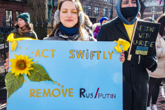 Ukranian and LGBTQ supporters came together in front of the Stonewall Inn, to speak in protest on their opposition of the Russian attack on Ukraine. 38 Christopher street is home of the 1969 Stonewall Uprising, which paved the way for LGBTQ rights and pushed the movement into existence. 
Though not illegal in Russia, there are no anti-discrimination protections of LGBTQ people nor does it prohibit hate crimes based on sexual orientation and gender identity.
Chelsea, Manhattan, New York. Saturday, February 26, 2022. (C) Bianca Otero