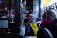 Veselka, an iconic and beloved restaurant in Ukrainian Village hangs a flag showing support an solidarity.  East Village, Manhattan, New York.  Saturday, February 26, 2022. (C) Bianca Otero