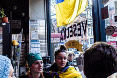 Veselka, an iconic and beloved restaurant in Ukrainian Village hangs a flag showing support an solidarity.  East Village, Manhattan, New York.  Saturday, February 26, 2022. (C) Bianca Otero