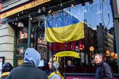Veselka, an iconic and beloved restaurant in Ukrainian Village hangs a flag showing support an solidarity.  East Village, Manhattan, New York.  Saturday, February 26, 2022. (C) Bianca Otero
