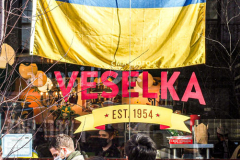 Veselka, an iconic and beloved restaurant in Ukrainian Village hangs a flag showing support an solidarity.  East Village, Manhattan, New York.  Saturday, February 26, 2022. (C) Bianca Otero
