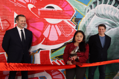 Fred Dixon, President and CEO, NYC & Company, Commissioner of the NYC Mayor's Office of Media and Entertainment Anne del Castillo, and James Sanna, President/CEO of Running Subway attends RiseNY’s official grand opening celebration as New York’s newest attraction, combining a soaring ride that takes visitors on a breathtaking aerial adventure over the Big Apple with immersive exhibition galleries that tell the city’s story on March 02, 2022 in New York City.