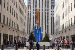 Find Claes Oldenburg and Coosje van Bruggen's Plantoir Blue at the Fifth Avenue entrance to the Channel Gardens at Rockefeller Center. The sculpture is will be display from March 18th to May 6th.

Husband-and-wife team Oldenburg and van Bruggen are celebrated for their large-scale sculptures of ordinary objects that take pleasure in the forms found in everyday life. Delving into the fruit bowl, the toolshed and the toybox for familiar shapes and colors, the artists enlarged and animated their selected objects, fixing them in moments of energetic motion. Plantoir is a humble gardening tool that stands upright, its point submerged in the ground as if it had just fallen out of the sky.