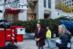 The Rockefeller Christmas Tree arrived at Rockefeller Plaza, Manhattan, NYC on the morning of November 13, 2021. 
Spectators flocked to watch the spectacle as well as those involved in the assembly and press after last year’s event was restricted due to COVID.
The impressive 12 ton and 85 year old tree is a Norway Spruce, donated by the PRICE family from Elkton, Maryland. This is the first Maryland tree that has ever been chosen in this tradition as the Rockefeller Center Tree.
 (C) Bianca Otero. NYC. November 13, 2021.