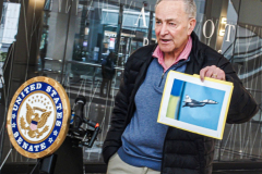 In a press conference in Manhattan, New York Senator CHUCK SCHUMER holds up a photo of a soviet made MiG 29 fighter jet. SCHUMER is in negotiations with Poland and other Eastern European countries to donate aircraft to Ukraine in aid toward their fight against Russia. SCHUMER is also negotiating within the Senate on an emergency aid package for vulnerable populations inside Ukraine. Sunday, March 6, 2022. (C) Bianca Otero