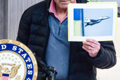 In a press conference in Manhattan, New York Senator CHUCK SCHUMER holds up a photo of a soviet made MiG 29 fighter jet. SCHUMER is in negotiations with Poland and other Eastern European countries to donate aircraft to Ukraine in aid toward their fight against Russia. SCHUMER is also negotiating within the Senate on an emergency aid package for vulnerable populations inside Ukraine. Sunday, March 6, 2022. (C) Bianca Otero
