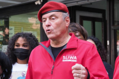 Mayoral Candidate Curtis Sliwa, and the Guardian Angels are joined by Carmen Quinones, President of the Douglass Houses Tenant Association for a Press Conference  at the crime scene at the corridor of West 104th St - West 105th on Columbus Ave that become an Alley of Gunshots and Shootings. Two people were shot, including an 81-year-old innocent bystander, outside NYC barbershop.
Photo by Diane Cohen