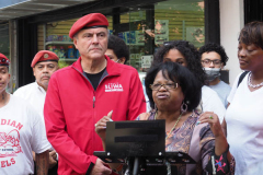 Mayoral Candidate Curtis Sliwa, and the Guardian Angels are joined by Carmen Quinones, President of the Douglass Houses Tenant Association for a Press Conference  at the crime scene at the corridor of West 104th St - West 105th on Columbus Ave that become an Alley of Gunshots and Shootings. Two people were shot, including an 81-year-old innocent bystander, outside NYC barbershop.
Photo by Diane Cohen