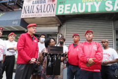 Mayoral Candidate Curtis Sliwa, and the Guardian Angels are joined by Carmen Quinones, President of the Douglass Houses Tenant Association for a Press Conference  at the crime scene at the corridor of West 104th St - West 105th on Columbus Ave that become an Alley of Gunshots and Shootings. Two people were shot, including an 81-year-old innocent bystander, outside NYC barbershop.
Photo by Diane Cohen