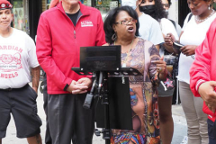 Mayoral Candidate Curtis Sliwa, and the Guardian Angels are joined by Carmen Quinones, President of the Douglass Houses Tenant Association for a Press Conference  at the crime scene at the corridor of West 104th St - West 105th on Columbus Ave that become an Alley of Gunshots and Shootings. Two people were shot, including an 81-year-old innocent bystander, outside NYC barbershop.
Photo By Beth Eisgrau-Heller