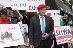 Curtis Sliwa, Republican Mayoral candidate for New York City, speaks outside the Manhattan office of New York Governor Andrew Cuomo in New York on Wednesday, Aug. 4, 2021. Sliwa called for Governor Andrew Cuomo to step down amid the Attorney General's report backing up allegations that the Governor sexually harassed women.