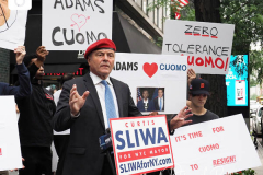 Curtis Sliwa, Republican Mayoral candidate for New York City, speaks outside the Manhattan office of New York Governor Andrew Cuomo in New York on Wednesday, Aug. 4, 2021. Sliwa called for Governor Andrew Cuomo to step down amid the Attorney General's report backing up allegations that the Governor sexually harassed women.
