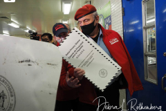 Republican Mayoral Candidate Curtis Sliwa votes at Frank McCourt High School on the Upper West Side in New York City.  He is joined by his wife, Nancy and their 7 week old rescue cat, Gizmo, that is up for adoption.