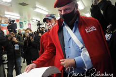 Republican Mayoral Candidate Curtis Sliwa votes at Frank McCourt High School on the Upper West Side in New York City.  He is joined by his wife, Nancy and their 7 week old rescue cat, Gizmo, that is up for adoption.