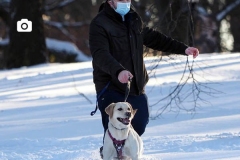 A man walks his dog in Riverside Park