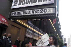 "Springsteen on Broadway" opened tonight for a return to Broadway at the St. James Theater, the first event on a Broadway stage since the Pandemic. Protestors outside were against the vaccine and having to show proof in order tone able to see the show. Springsteen was rushed in a back entrance to avoid the protestors in New York City on 26 June 2021