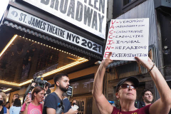 "Springsteen on Broadway" opened tonight for a return to Broadway at the St. James Theater, the first event on a Broadway stage since the Pandemic. Protestors outside were against the vaccine and having to show proof in order tone able to see the show. Springsteen was rushed in a back entrance to avoid the protestors in New York City on 26 June 2021