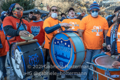 New York City FC fans celebrate the NYCFC 2021 MLS Cup Championship at City Hall in New York, New York, on Dec. 14,  2021. (Photo by Gabriele Holtermann/Sipa USA)