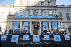 MLS Cup MVP Sean Johnson addresses the crowd as New York City FC fans celebrate the NYCFC 2021 MLS Cup Championship at City Hall in New York, New York, on Dec. 14,  2021. (Photo by Gabriele Holtermann/Sipa USA)