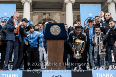 The New York City FC and fans celebrate the NYCFC 2021 MLS Cup Championship at City Hall in New York, New York, on Dec. 14,  2021. (Photo by Gabriele Holtermann/Sipa USA)
