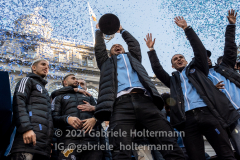 The New York City FC and fans celebrate the NYCFC 2021 MLS Cup Championship at City Hall in New York, New York, on Dec. 14,  2021. (Photo by Gabriele Holtermann/Sipa USA)