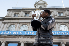 MLS Cup MVP Sean Johnson kisses the trophy at the NYCFC 2021 MLS Cup Championship celebration at City Hall in New York, New York, on Dec. 14,  2021. (Photo by Gabriele Holtermann/Sipa USA)