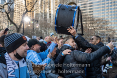 New York City FC player Taty Castellanos takes a selfie with fans at the NYCFC 2021 MLS Cup Championship celebration at City Hall in New York, New York, on Dec. 14,  2021. (Photo by Gabriele Holtermann/Sipa USA)