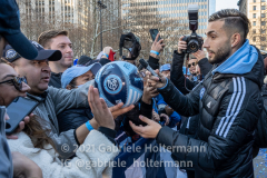 New York City FC player Taty Castellanos signs autographs for fans at the NYCFC 2021 MLS Cup Championship celebration at City Hall in New York, New York, on Dec. 14,  2021. (Photo by Gabriele Holtermann/Sipa USA)