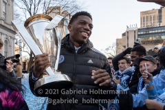 MLS Cup MVP Sean Johnson greets fans at NYCFC 2021 MLS Cup Championship celebration at City Hall in New York, New York, on Dec. 14,  2021. (Photo by Gabriele Holtermann/Sipa USA)