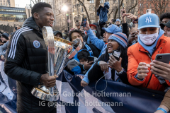 MLS Cup MVP Sean Johnson greets fans at NYCFC 2021 MLS Cup Championship celebration at City Hall in New York, New York, on Dec. 14,  2021. (Photo by Gabriele Holtermann/Sipa USA)