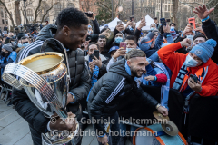 MLS Cup MVP Sean Johnson and MLS top goal scorer Taty Castellanos greet fans at NYCFC 2021 MLS Cup Championship celebration at City Hall in New York, New York, on Dec. 14,  2021. (Photo by Gabriele Holtermann/Sipa USA)