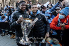 MLS Cup MVP Sean Johnson and MLS top goal scorer Taty Castellanos greet fans at NYCFC 2021 MLS Cup Championship celebration at City Hall in New York, New York, on Dec. 14,  2021. (Photo by Gabriele Holtermann/Sipa USA)