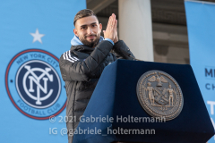 MLS top goal scorer Taty Castellanos addresses New York City FC fans at the NYCFC 2021 MLS Cup Championship celebration at City Hall in New York, New York, on Dec. 14,  2021. (Photo by Gabriele Holtermann/Sipa USA)