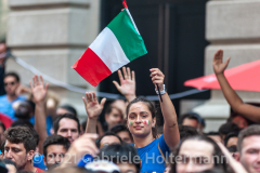 A few hundred Italy fans cheer on their Azzurri in the Euro Cup 2020 final against England outside Ribalta Italian restaurant on E12th Street in New York City on July 11, 2021. Italy beat the Three Lions 3-2 on penalties after a 1-1 draw. (Photo by Gabriele Holtermann/Sipa USA)