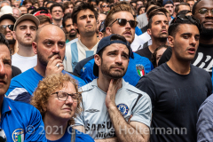 A few hundred Italy fans cheer on their Azzurri in the Euro Cup 2020 final against England outside Ribalta Italian restaurant on E12th Street in New York City on July 11, 2021. Italy beat the Three Lions 3-2 on penalties after a 1-1 draw. (Photo by Gabriele Holtermann/Sipa USA)
