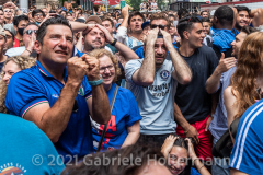A few hundred Italy fans cheer on their Azzurri in the Euro Cup 2020 final against England outside Ribalta Italian restaurant on E12th Street in New York City on July 11, 2021. Italy beat the Three Lions 3-2 on penalties after a 1-1 draw. (Photo by Gabriele Holtermann/Sipa USA)