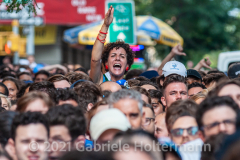 A few hundred Italy fans cheer on their Azzurri in the Euro Cup 2020 final against England outside Ribalta Italian restaurant on E12th Street in New York City on July 11, 2021. Italy beat the Three Lions 3-2 on penalties after a 1-1 draw. (Photo by Gabriele Holtermann/Sipa USA)