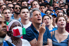 A few hundred Italy fans cheer on their Azzurri in the Euro Cup 2020 final against England outside Ribalta Italian restaurant on E12th Street in New York City on July 11, 2021. Italy beat the Three Lions 3-2 on penalties after a 1-1 draw. (Photo by Gabriele Holtermann/Sipa USA)