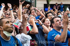 A few hundred Italy fans cheer on their Azzurri in the Euro Cup 2020 final against England outside Ribalta Italian restaurant on E12th Street in New York City on July 11, 2021. Italy beat the Three Lions 3-2 on penalties after a 1-1 draw. (Photo by Gabriele Holtermann/Sipa USA)