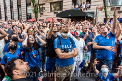 A few hundred Italy fans cheer on their Azzurri in the Euro Cup 2020 final against England outside Ribalta Italian restaurant on E12th Street in New York City on July 11, 2021. Italy beat the Three Lions 3-2 on penalties after a 1-1 draw. (Photo by Gabriele Holtermann/Sipa USA)