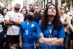 A few hundred Italy fans cheer on their Azzurri in the Euro Cup 2020 final against England outside Ribalta Italian restaurant on E12th Street in New York City on July 11, 2021. Italy beat the Three Lions 3-2 on penalties after a 1-1 draw. (Photo by Gabriele Holtermann/Sipa USA)