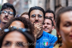A few hundred Italy fans cheer on their Azzurri in the Euro Cup 2020 final against England outside Ribalta Italian restaurant on E12th Street in New York City on July 11, 2021. Italy beat the Three Lions 3-2 on penalties after a 1-1 draw. (Photo by Gabriele Holtermann/Sipa USA)
