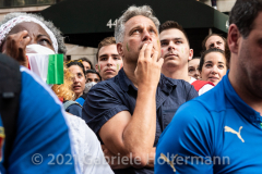 A few hundred Italy fans cheer on their Azzurri in the Euro Cup 2020 final against England outside Ribalta Italian restaurant on E12th Street in New York City on July 11, 2021. Italy beat the Three Lions 3-2 on penalties after a 1-1 draw. (Photo by Gabriele Holtermann/Sipa USA)