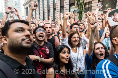 A few hundred Italy fans cheer on their Azzurri in the Euro Cup 2020 final against England outside Ribalta Italian restaurant on E12th Street in New York City on July 11, 2021. Italy beat the Three Lions 3-2 on penalties after a 1-1 draw. (Photo by Gabriele Holtermann/Sipa USA)