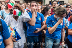 A few hundred Italy fans cheer on their Azzurri in the Euro Cup 2020 final against England outside Ribalta Italian restaurant on E12th Street in New York City on July 11, 2021. Italy beat the Three Lions 3-2 on penalties after a 1-1 draw. (Photo by Gabriele Holtermann/Sipa USA)
