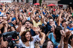 A few hundred Italy fans cheer on their Azzurri in the Euro Cup 2020 final against England outside Ribalta Italian restaurant on E12th Street in New York City on July 11, 2021. Italy beat the Three Lions 3-2 on penalties after a 1-1 draw. (Photo by Gabriele Holtermann/Sipa USA)