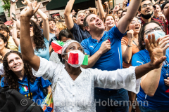 A few hundred Italy fans cheer on their Azzurri in the Euro Cup 2020 final against England outside Ribalta Italian restaurant on E12th Street in New York City on July 11, 2021. Italy beat the Three Lions 3-2 on penalties after a 1-1 draw. (Photo by Gabriele Holtermann/Sipa USA)